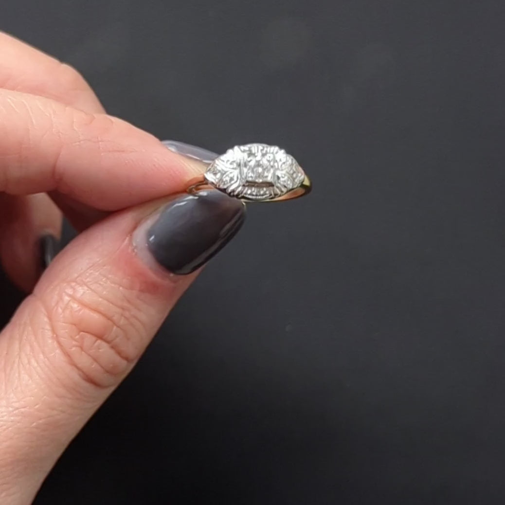 VINTAGE ENGRAVED DIAMOND ENGAGEMENT RING HANDMADE TWO TONE GOLD OLD CUT 0.2 G VS