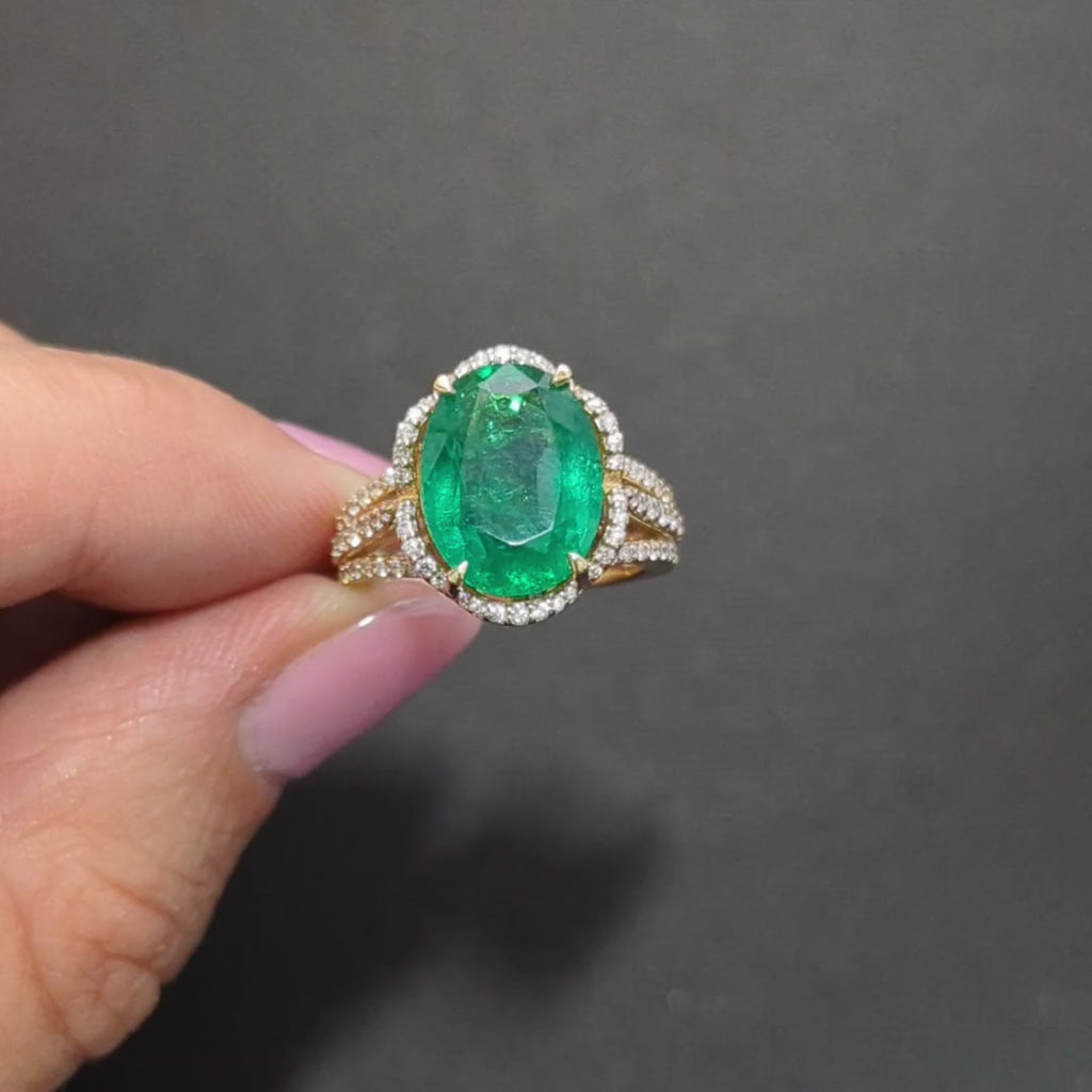 4.80ct NATURAL EMERALD DIAMOND COCKTAIL RING 14k YELLOW GOLD BIG FLORAL HALO