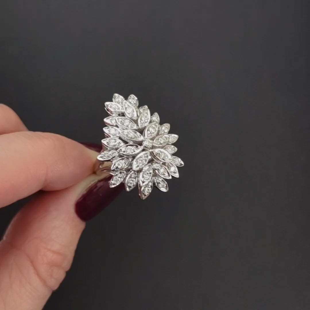 VINTAGE DIAMOND COCKTAIL RING BIG STATEMENT MID CENTURY 14k WHITE GOLD BALLERINA