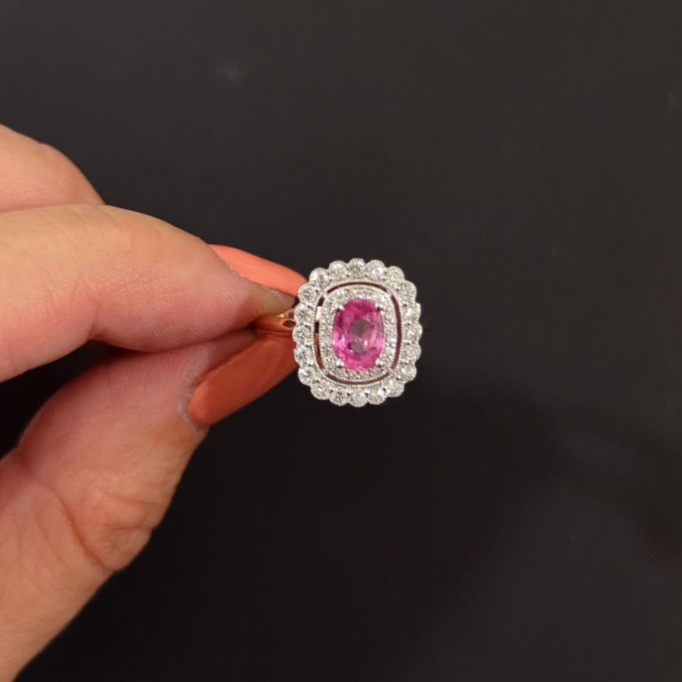 NO HEAT PINK SAPPHIRE DIAMOND COCKTAIL RING HALO VINTAGE STYLE ROSE WHITE GOLD