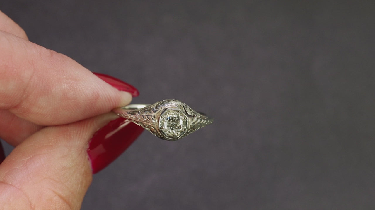 ART DECO DIAMOND SOLITAIRE ENGAGEMENT RING OLD CUT WHITE GOLD FILIGREE VINTAGE