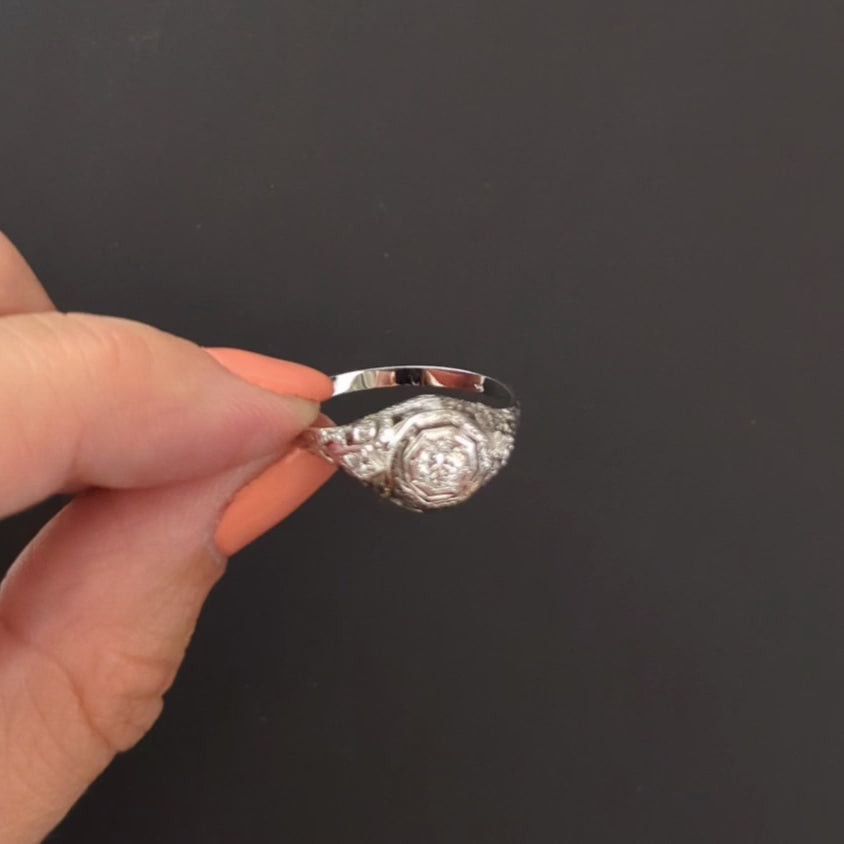ART DECO DIAMOND RING OLD EUROPEAN CUT F SI1 VINTAGE FILIGREE 14k WHITE GOLD