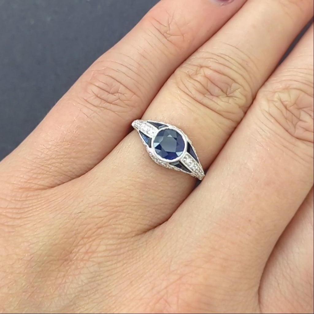 SAPPHIRE DIAMOND COCKTAIL RING VINTAGE STYLE ART DECO 14k WHITE GOLD NATURAL