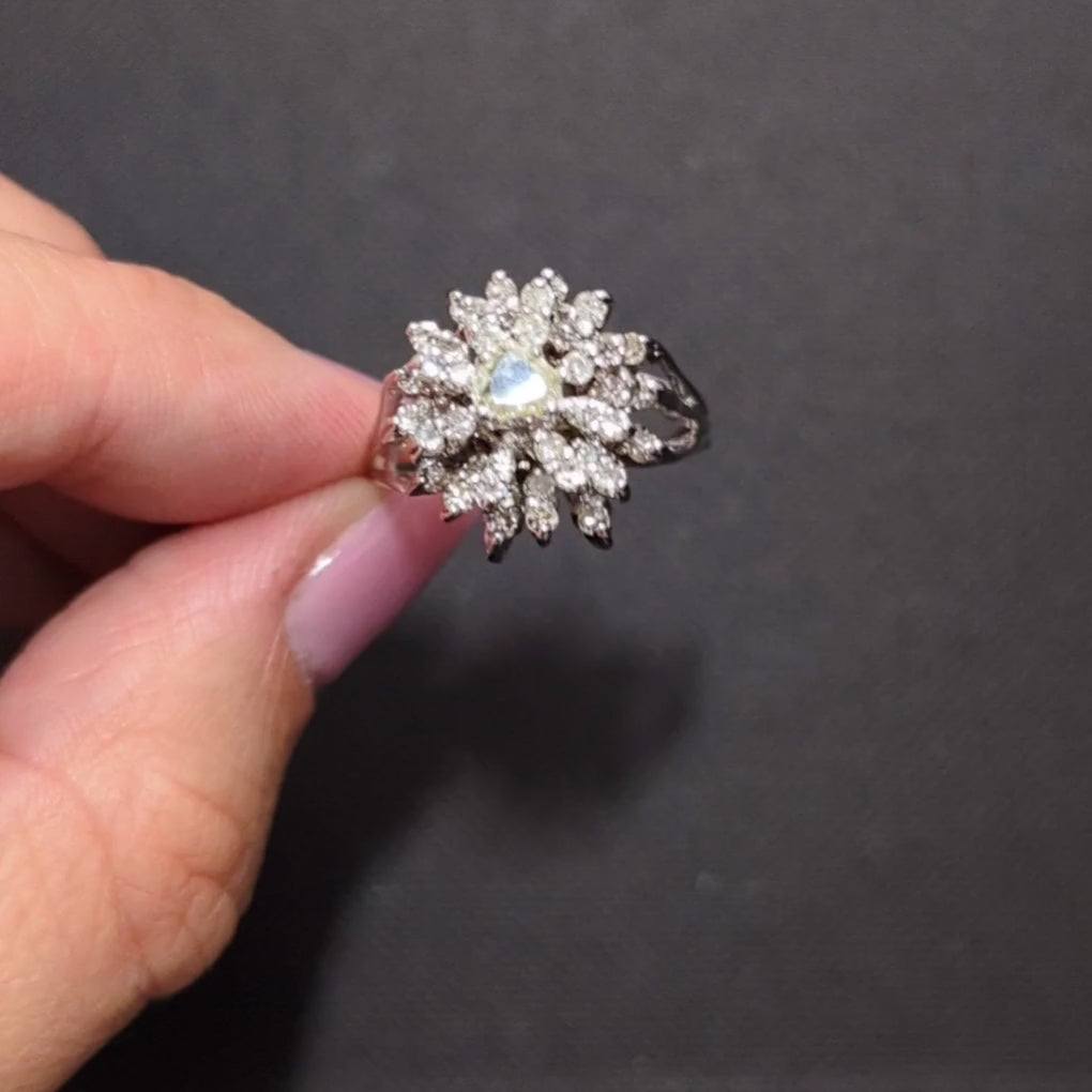 VINTAGE DIAMOND CLUSTER RING BIG STATEMENT PEAR SHAPE ROSE CUT 14k WHITE GOLD