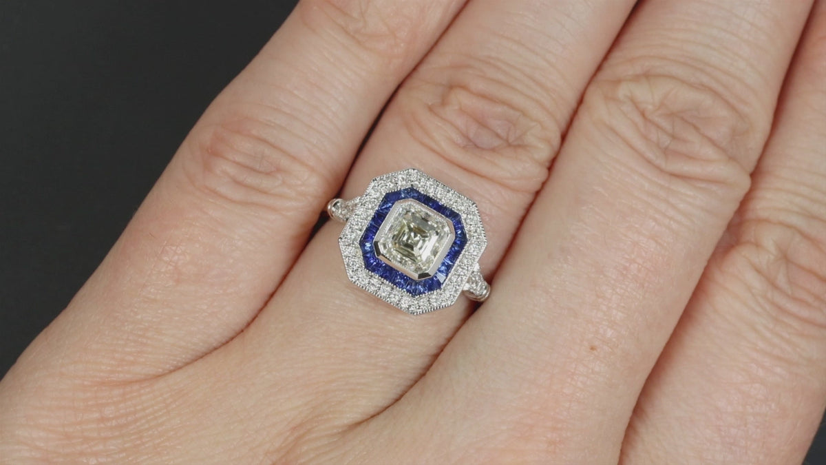 GIA CERTIFIED 1.20ct ASSCHER CUT DIAMOND RING BLUE SAPPHIRE HALO VINTAGE STYLE
