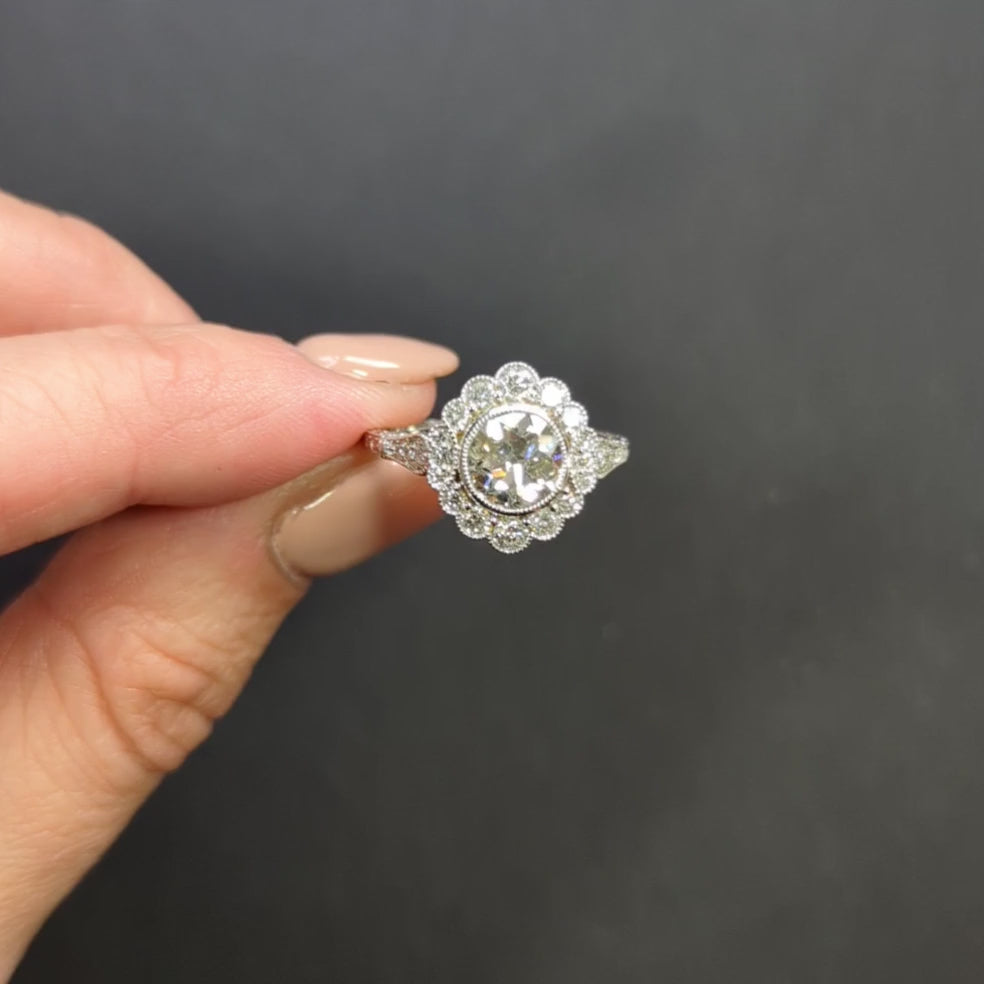 1.43ct OLD EUROPEAN CUT DIAMOND COCKTAIL RING VINTAGE STYLE HALO HAND ENGRAVED