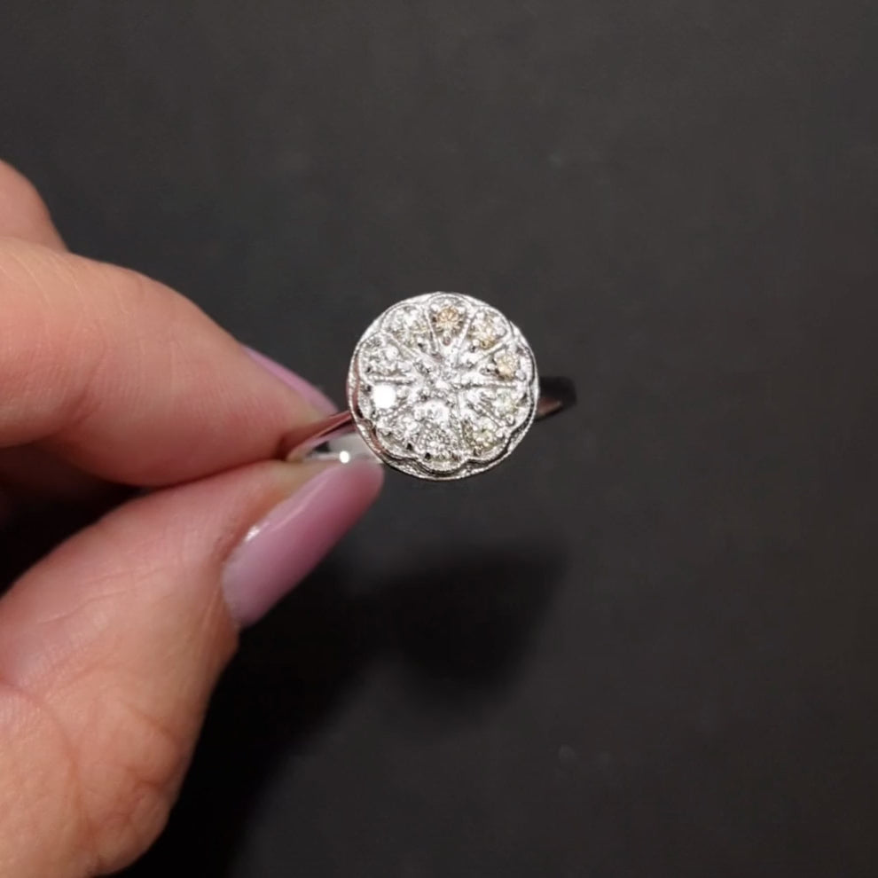 NATURAL DIAMOND COCKTAIL RING 1/2ct VINTAGE STYLE FLOWER 14k WHITE GOLD CLUSTER