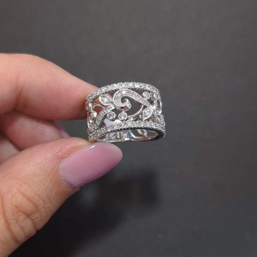 VINTAGE STYLE 0.91ct NATURAL DIAMOND RING WIDE COCKTAIL BAND 14k WHITE GOLD