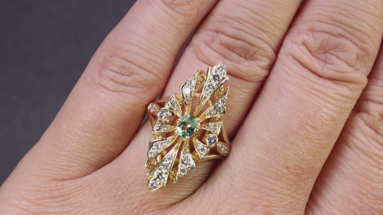VINTAGE GREEN SAPPHIRE DIAMOND COCKTAIL RING 14k YELLOW GOLD STATEMENT ART DECO