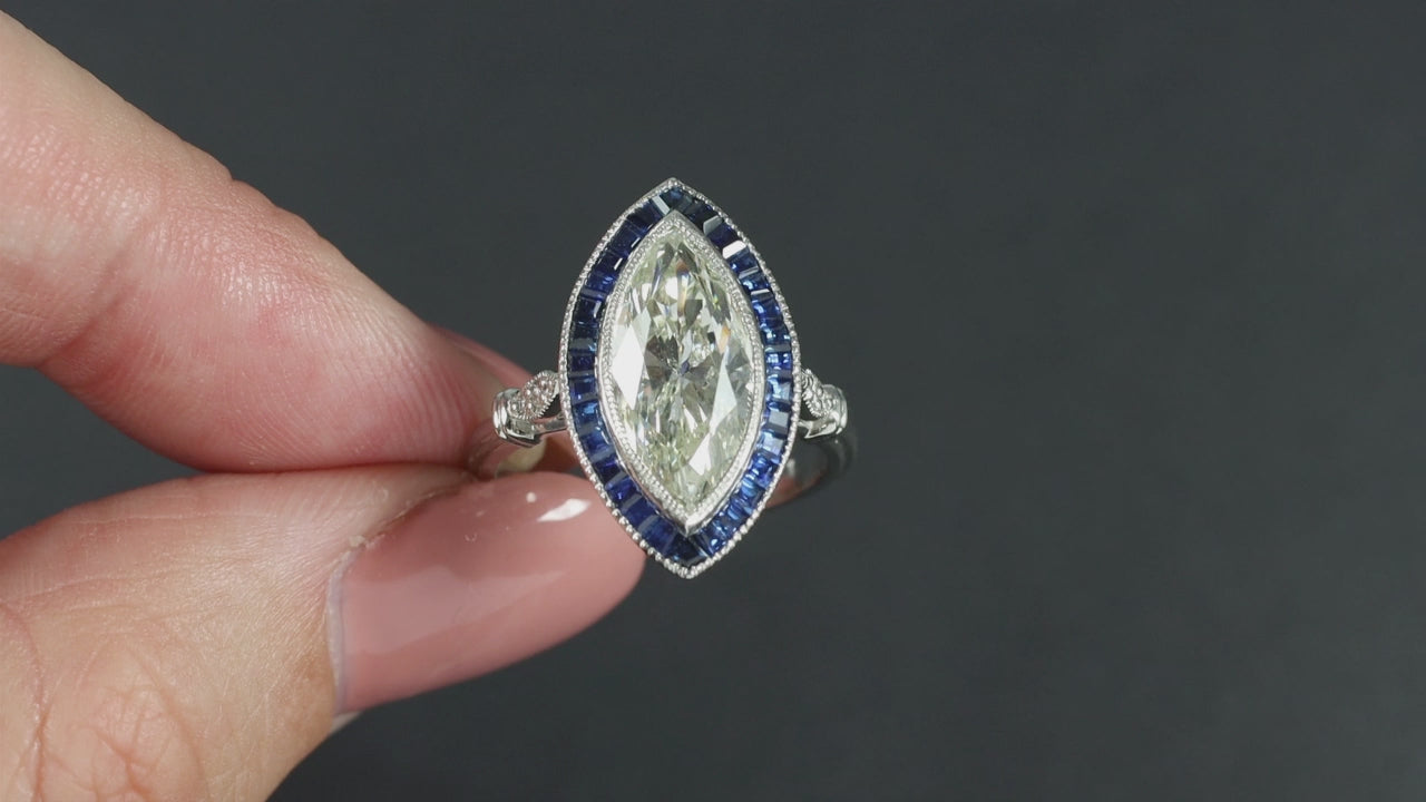 3ct MARQUISE CERTIFIED DIAMOND SAPPHIRE ENGAGEMENT RING ART DECO STYLE PLATINUM