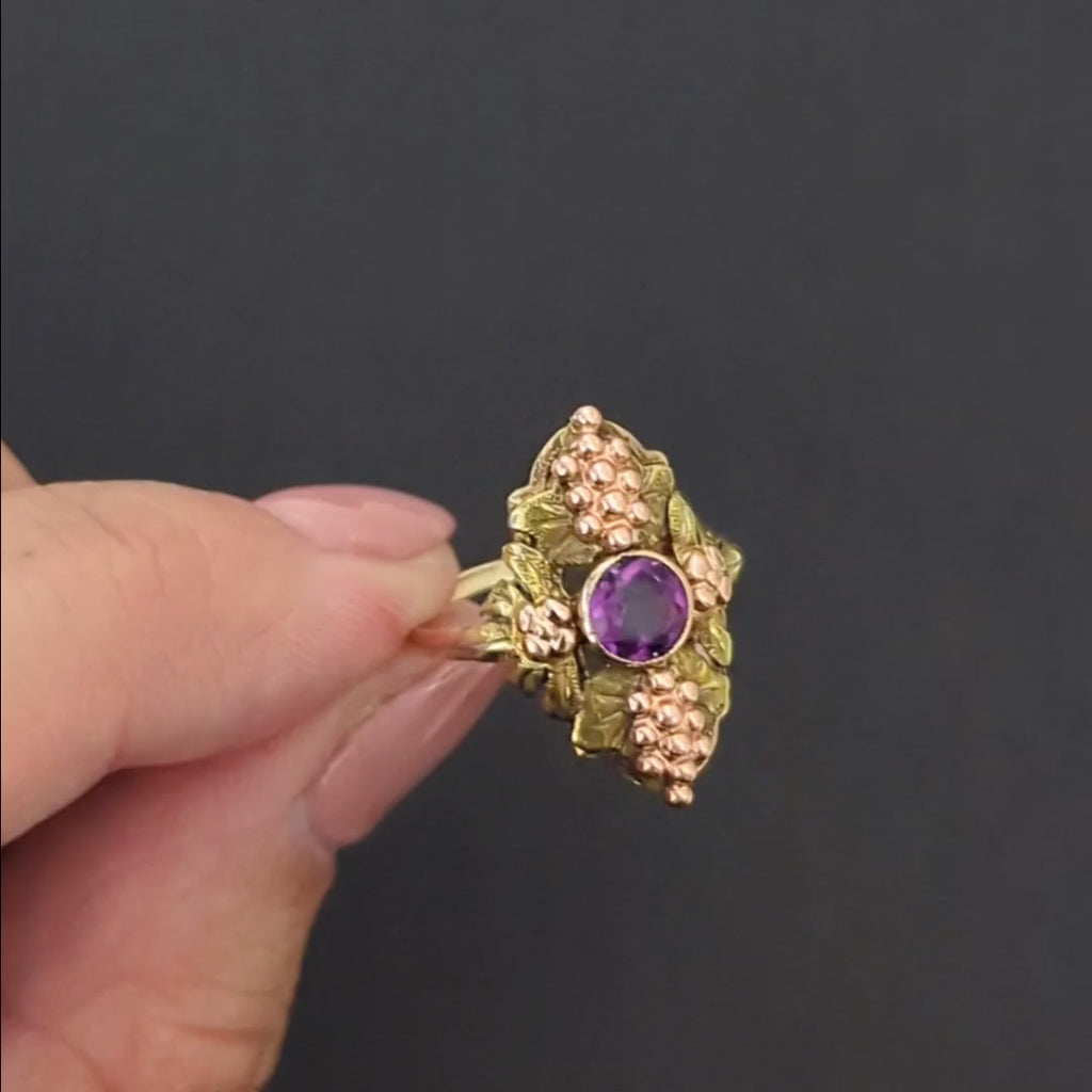 VINTAGE AMETHYST 14k TRI TONE GOLD RING GRAPE BUNCH YELLOW ROSE GREEN COCKTAIL