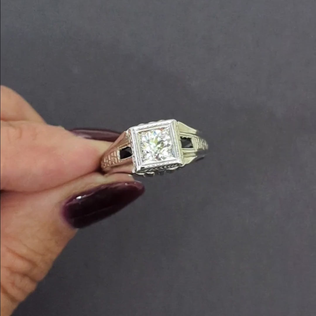 ART DECO DIAMOND RING 0.80ct OLD EUROPEAN CUT 18k WHITE GOLD VINTAGE SAPPHIRE