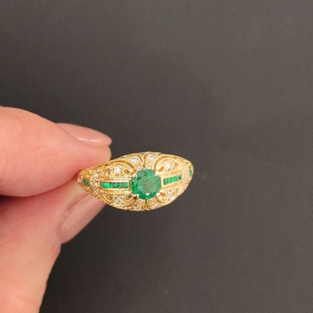 VINTAGE STYLE EMERALD DIAMOND COCKTAIL RING 14k YELLOW GOLD ART DECO DOME GREEN