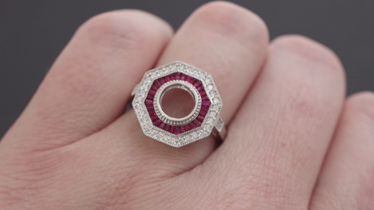 RUBY DIAMOND RING SETTING 6.5mm ROUND VINTAGE STYLE HALO ART DECO SEMI MOUNT