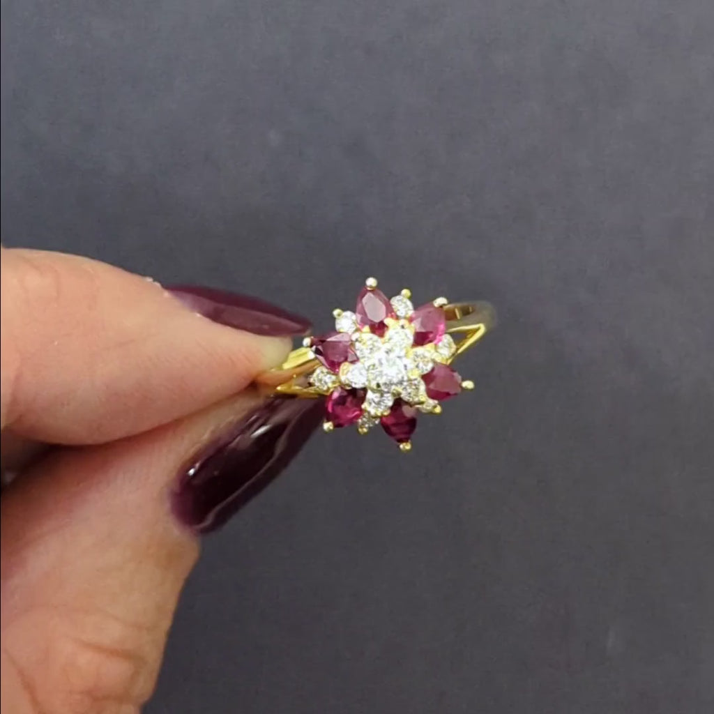 1.56ct RUBY DIAMOND COCKTAIL RING 18K YELLOW GOLD BALLERINA CLUSTER NATURAL