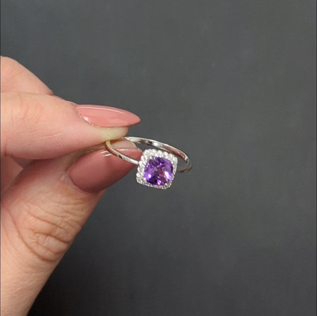 AMETHYST DIAMOND HALO COCKTAIL RING 14K WHITE GOLD NATURAL PURPLE CUSHION CUT