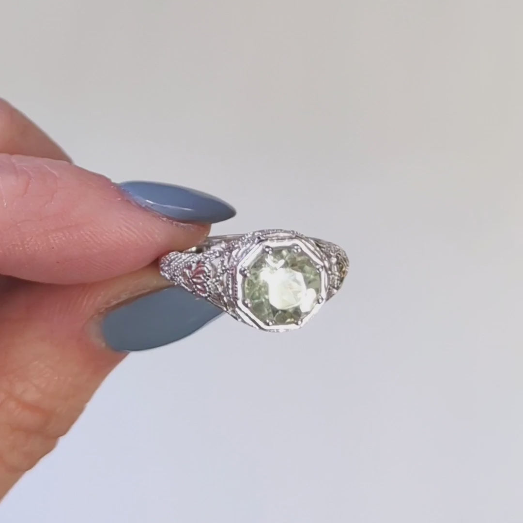 PERIDOT STERLING SILVER RING VINTAGE STYLE ART DECO FILIGREE SOLITAIRE ROUND CUT