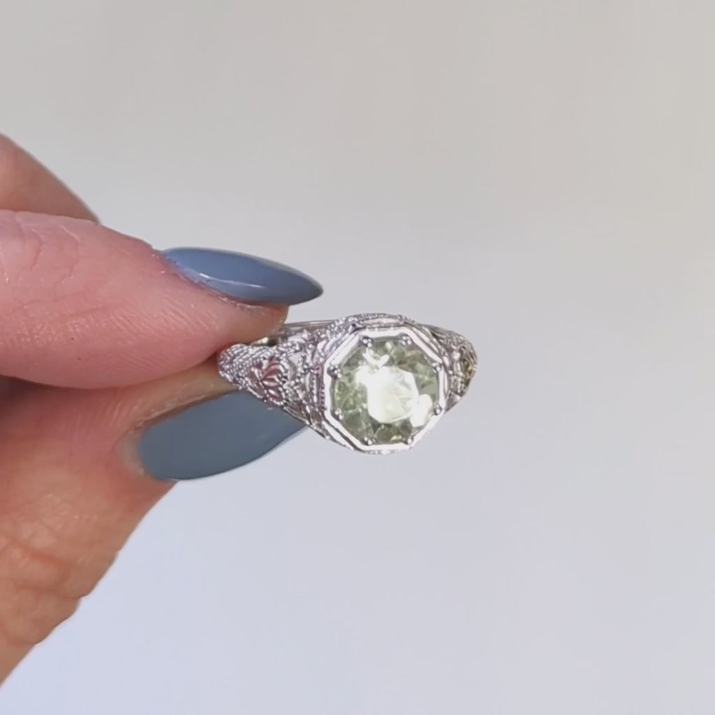 PERIDOT STERLING SILVER RING VINTAGE STYLE ART DECO FILIGREE SOLITAIRE ROUND CUT