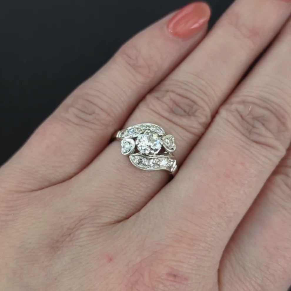 1.13c OLD EUROPEAN CUT DIAMOND COCKTAIL RING VINTAGE RETRO BYPASS 14k WHITE GOLD