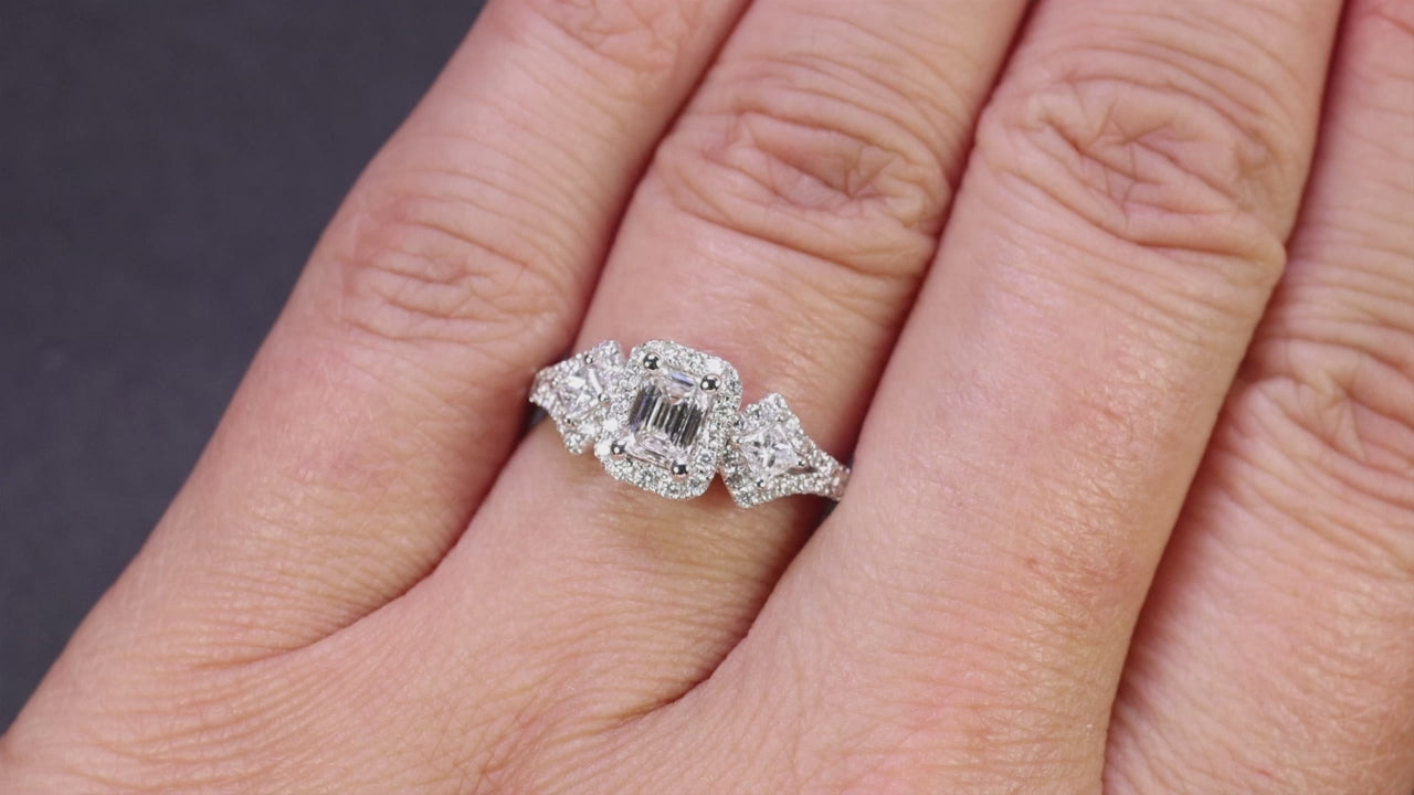 1.07ctw NATURAL DIAMOND RING EMERALD CUT 14k WHITE GOLD HALO COCKTAIL ENGAGEMENT