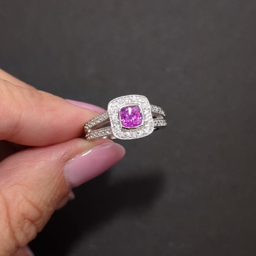 PINK SAPPHIRE DIAMOND COCKTAIL RING CUSHION CUT HALO SPLIT SHANK 14k WHITE GOLD