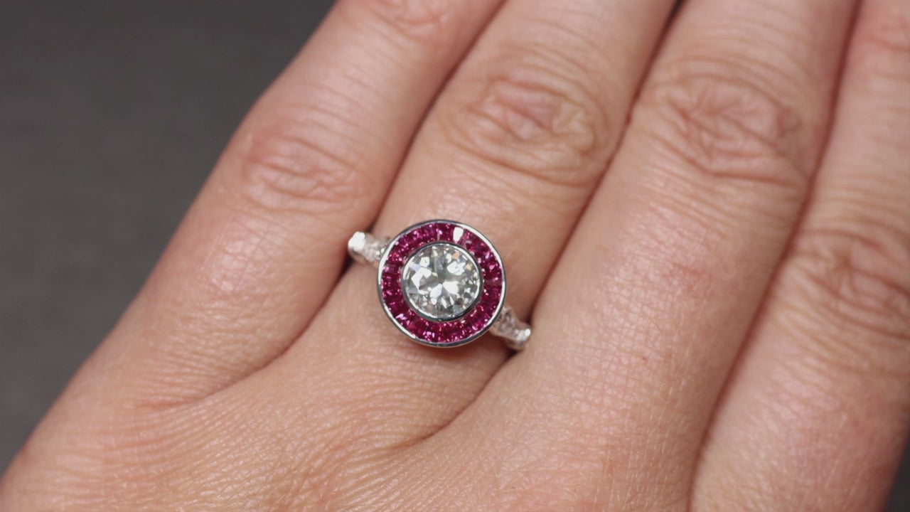 1.10ct OLD EUROPEAN CUT DIAMOND ENGAGEMENT RING RUBY 14k VINTAGE STYLE ART DECO