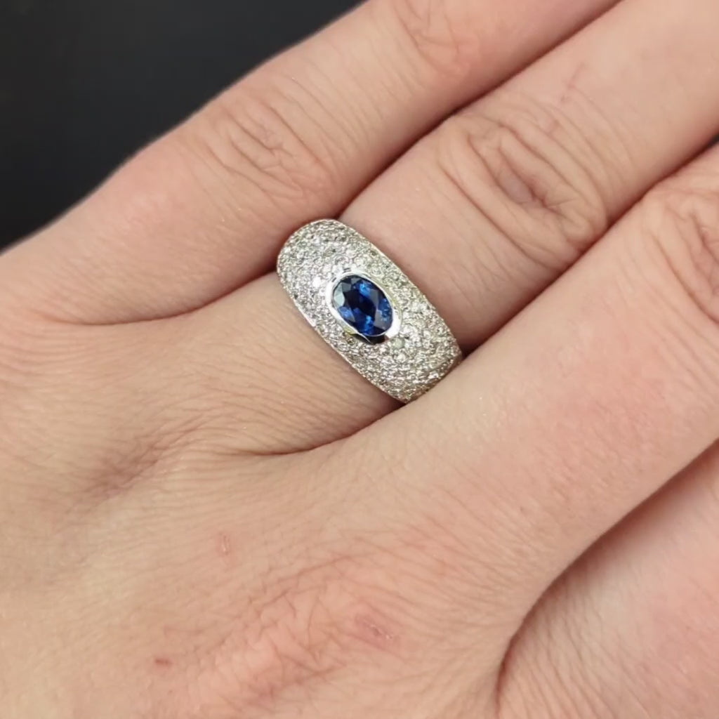 SAPPHIRE DIAMOND COCKTAIL RING WIDE DOME PAVE 14k WHITE GOLD NATURAL 1.55ctw