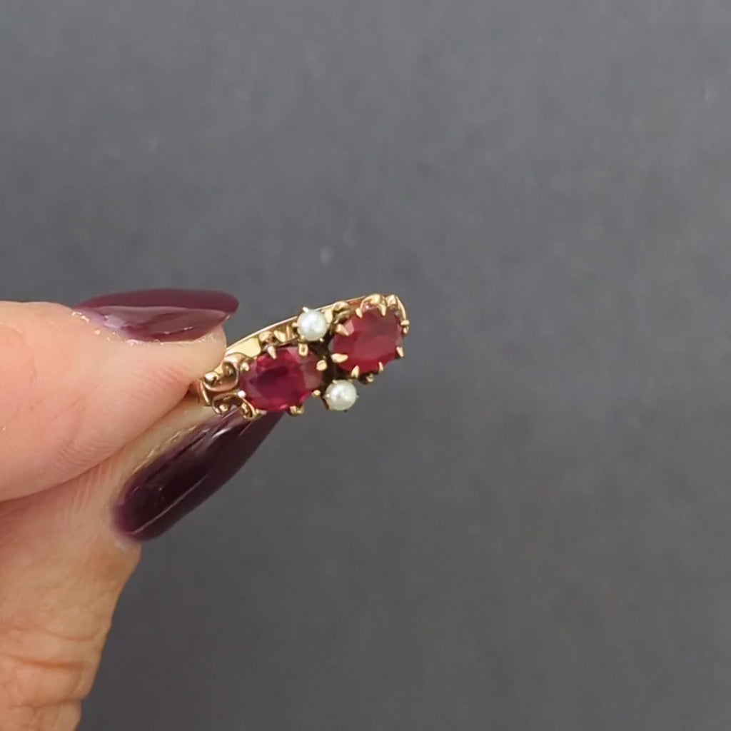 RUBY SEED PEARL RING 14k YELLOW GOLD COCKTAIL ANTIQUE VICTORIAN EAST WEST ESTATE