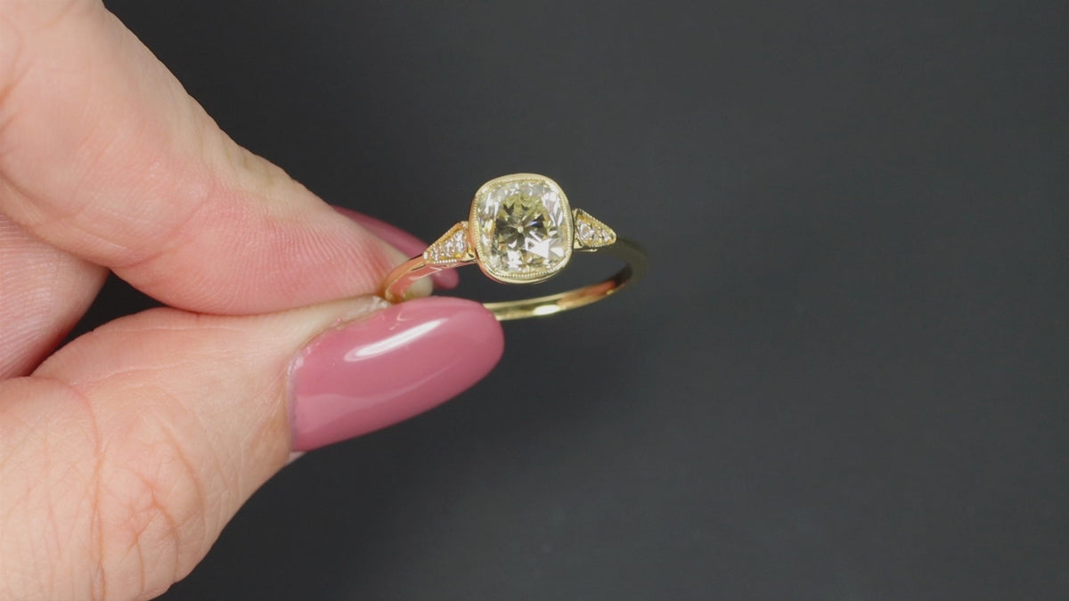 1.77ct OLD MINE CUT DIAMOND RING CUSHION SHAPE 18k BEZEL MILGRAIN VINTAGE STYLE