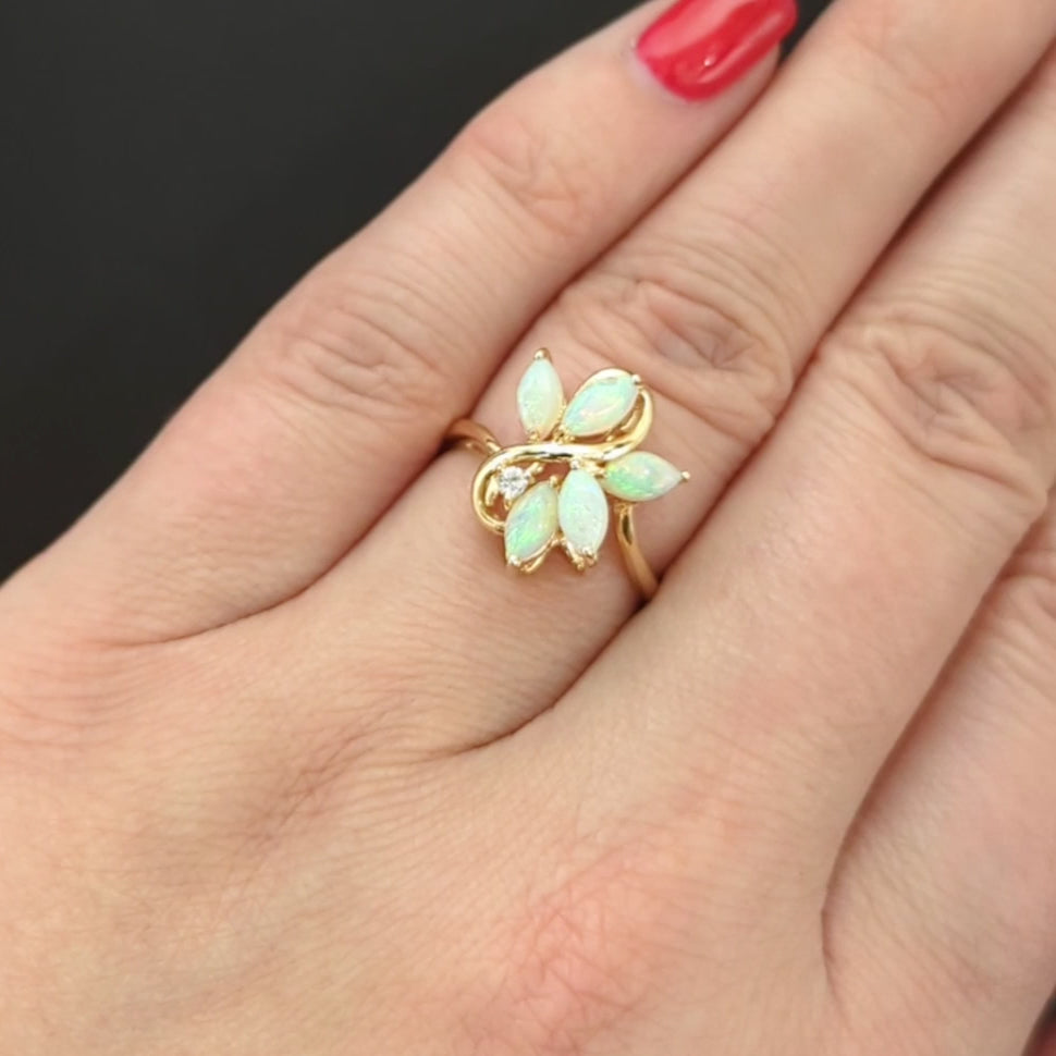 OPAL DIAMOND COCKTAIL RING 14k YELLOW GOLD MARQUISE SHAPE CLUSTER NATURAL ESTATE
