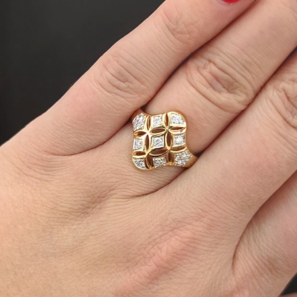NATURAL DIAMOND COCKTAIL RING 14k YELLOW GOLD CLUSTER NAVETTE ESTATE JEWELRY