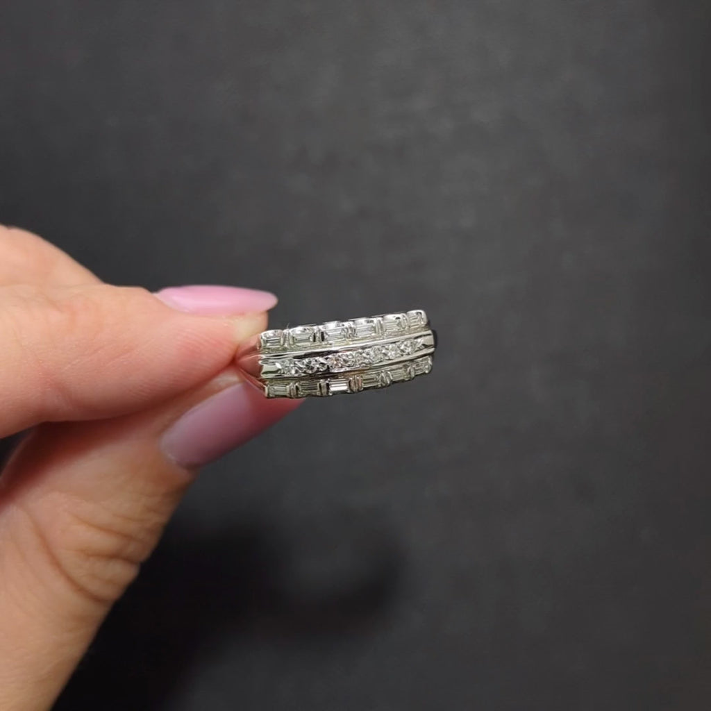 VINTAGE DIAMOND 3 ROW BAND 14k WHITE GOLD RING BAGUETTE NATURAL RETRO ESTATE