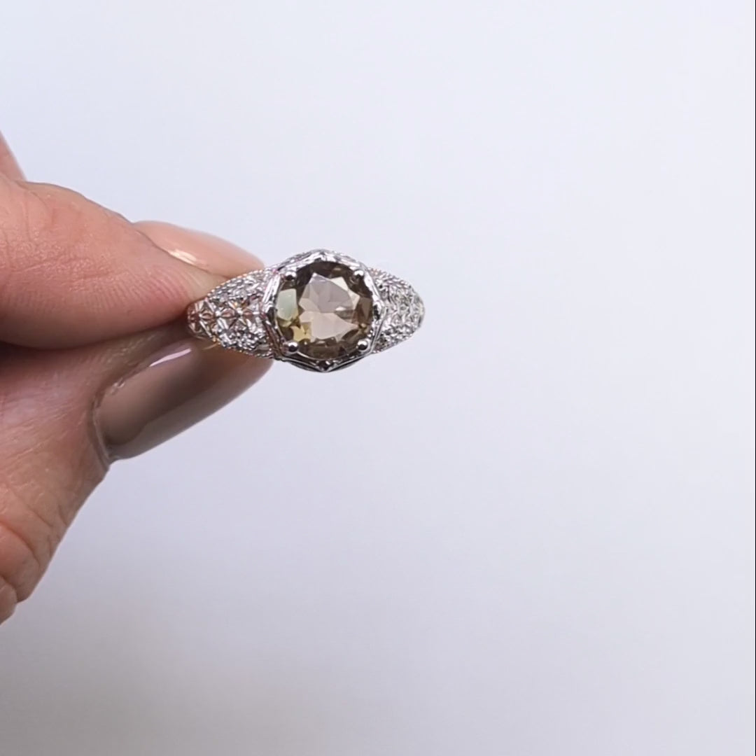 SMOKY QUARTZ STERLING SILVER RING VINTAGE STYLE FILIGREE ROUND CUT ART DECO