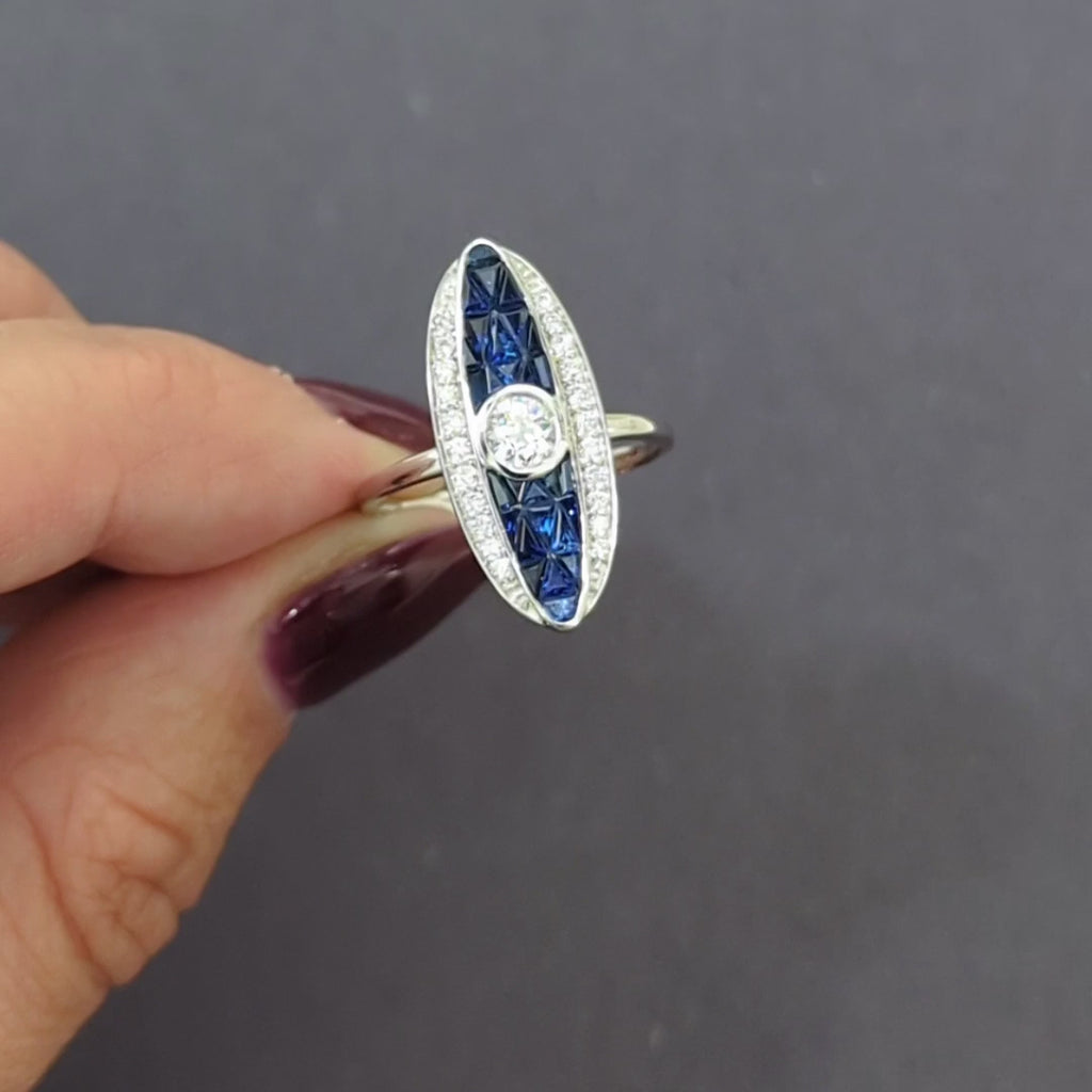 OLD EUROPEAN CUT DIAMOND SAPPHIRE COCKTAIL RING NAVETTE WHITE GOLD VINTAGE STYLE