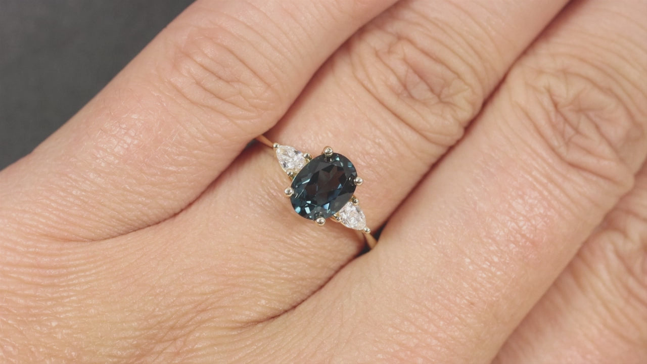 1.5ct LONDON BLUE TOPAZ DIAMOND 3 STONE RING 14k YELLOW GOLD NATURAL OVAL SHAPE