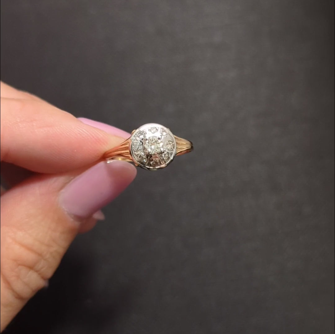 VINTAGE DIAMOND RING OLD EUROPEAN CUT HALO TWO TONE 14k YELLOW WHITE GOLD ESTATE