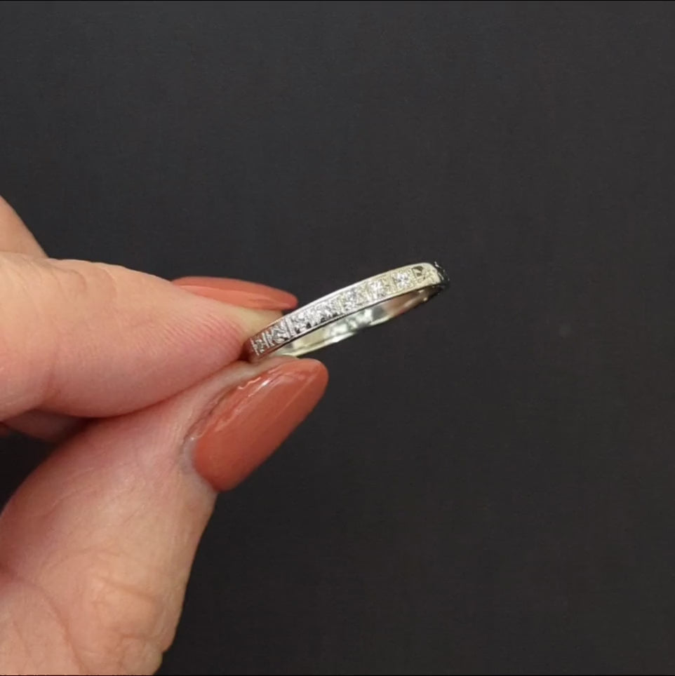 VINTAGE DIAMOND PLATINUM WEDDING RING STACKING BAND F VS ENGRAVED CHANNEL ESTATE