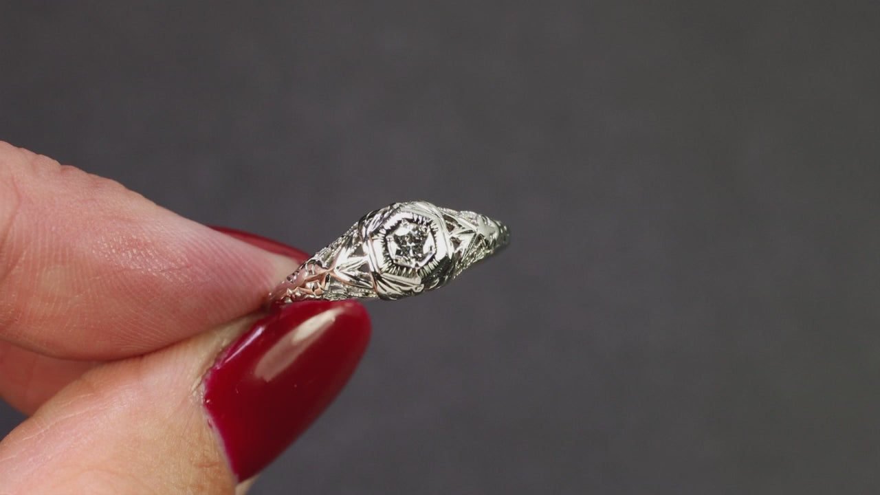 VINTAGE DIAMOND SOLITAIRE RING G VS1 18K WHITE GOLD FILIGREE BUTTERFLY ROUND CUT