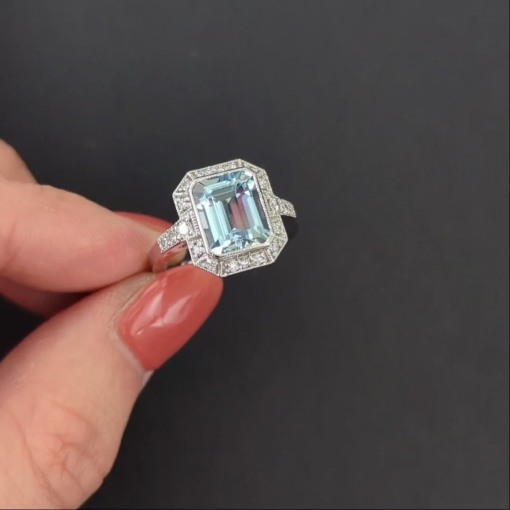 3ct AQUAMARINE DIAMOND COCKTAIL RING VINTAGE STYLE HALO WHITE GOLD EMERALD CUT