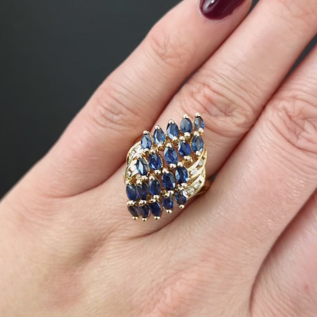 SAPPHIRE DIAMOND COCKTAIL RING 3ct CLUSTER STATEMENT NATURAL 14k YELLOW GOLD