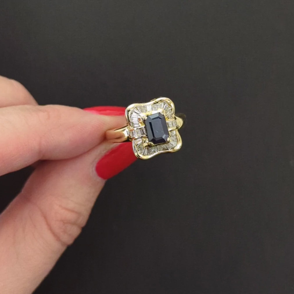 SAPPHIRE DIAMOND COCKTAIL RING EMERALD CUT BAGUETTE HALO 14k YELLOW GOLD NATURAL
