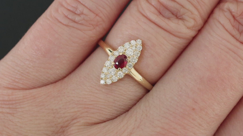 RUBY DIAMOND NAVETTE RING VINTAGE STYLE COCKTAIL ENGAGEMENT MARQUISE 14k GOLD