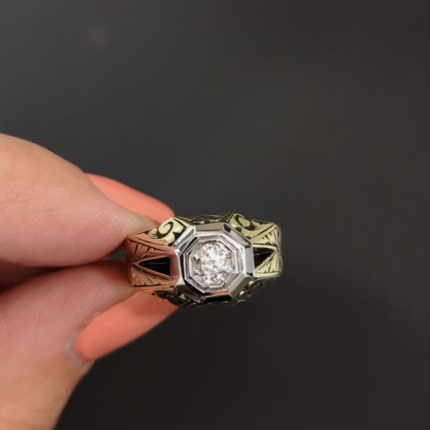 VINTAGE DIAMOND CHUNKY COCKTAIL RING MENS ENGRAVED YELLOW GOLD ART DECO OLD CUT