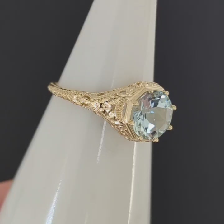 2.30c ROUND CUT AQUAMARINE RING VINTAGE STYLE FILIGREE WHITE GOLD NATURAL BLUE