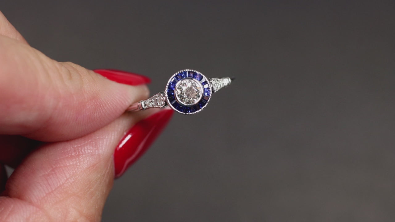 OLD EUROPEAN CUT DIAMOND SAPPHIRE ENGAGEMENT RING I SI1 VINTAGE STYLE ART DECO