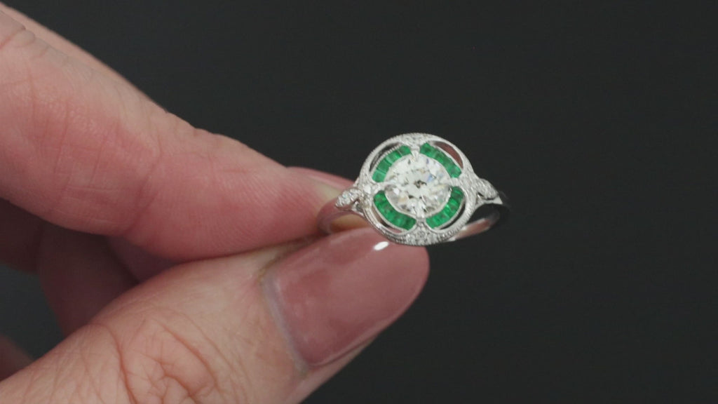 OLD EUROPEAN CUT DIAMOND VINTAGE STYLE COCKTAIL RING I VS2 EMERALD HALO ART DECO