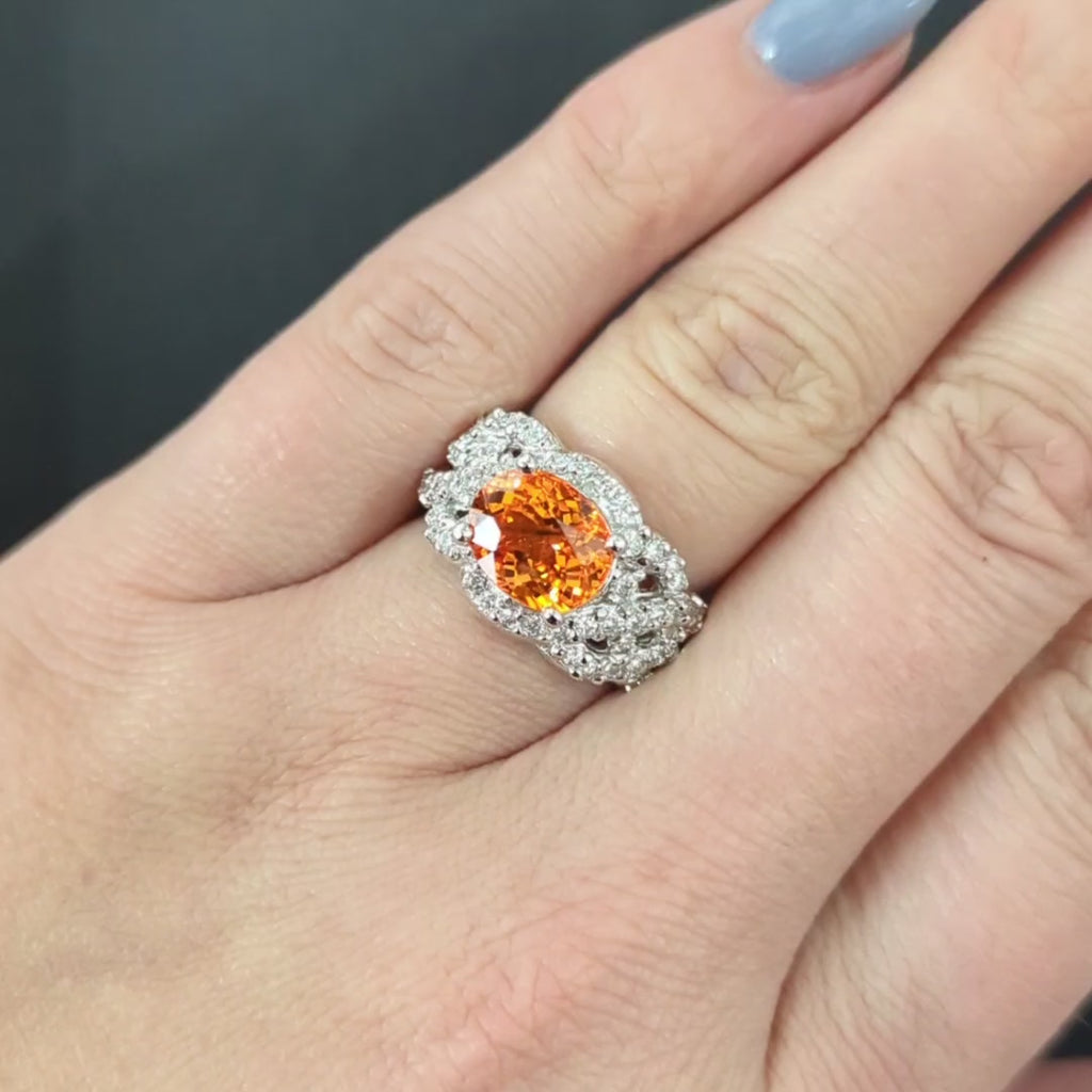 MANDARIN GARNET DIAMOND COCKTAIL RING 18k WHITE GOLD STATEMENT WIDE ORANGE BIG