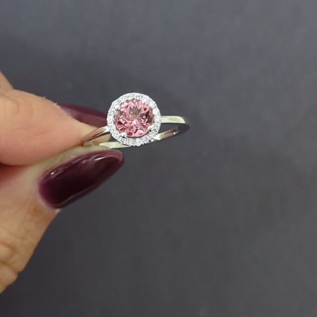 PINK TOURMALINE DIAMOND COCKTAIL RING HALO 14k WHITE GOLD NATURAL ROUND CUT 1ct