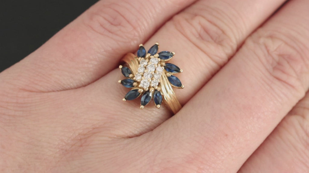 VINTAGE SAPPHIRE DIAMOND COCKTAIL RING CLUSTER BYPASS 14K YELLOW GOLD NATURAL