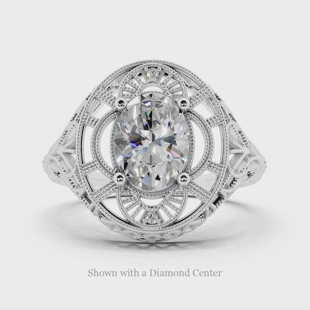 ART DECO VINTAGE STYLE RING SETTING FILIGREE 14k WHITE GOLD OVAL 8x6mm COCKTAIL